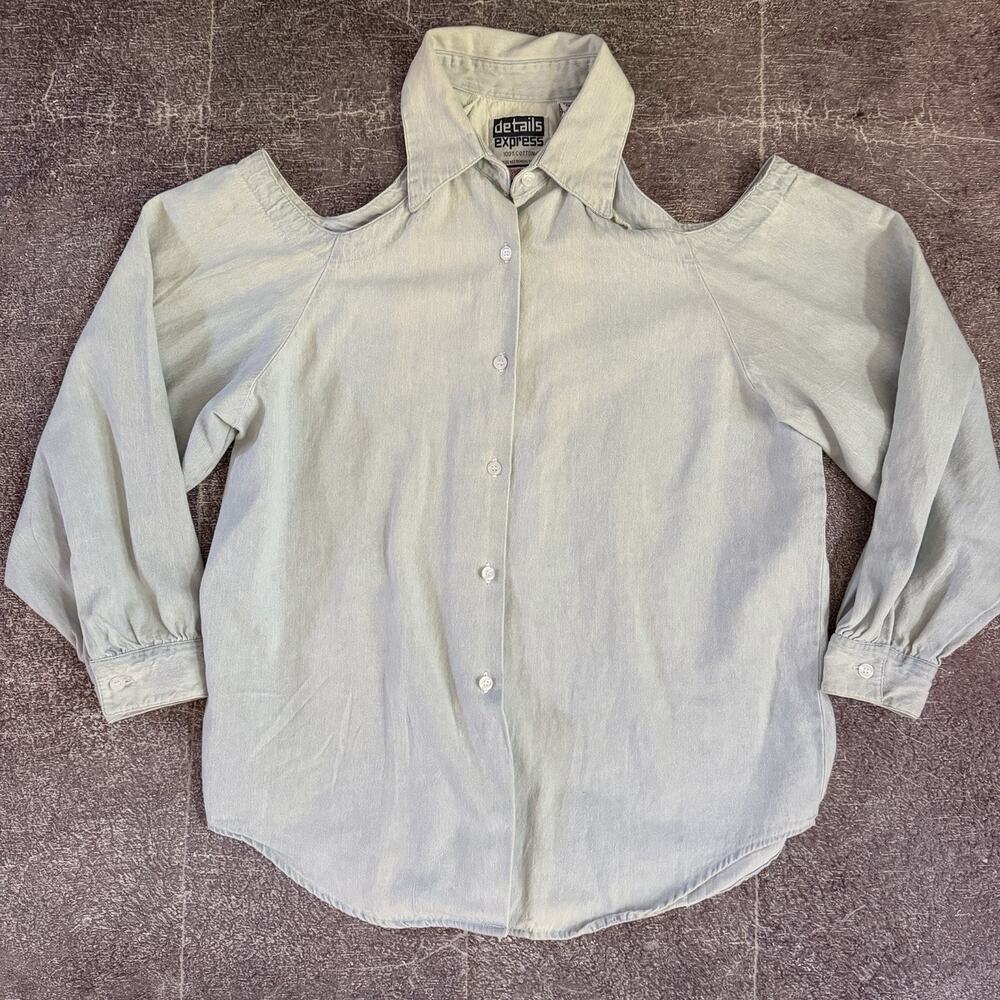 Women's Vintage 90's Details Express Open Shoulder Denim Button Up Shirt Sz L